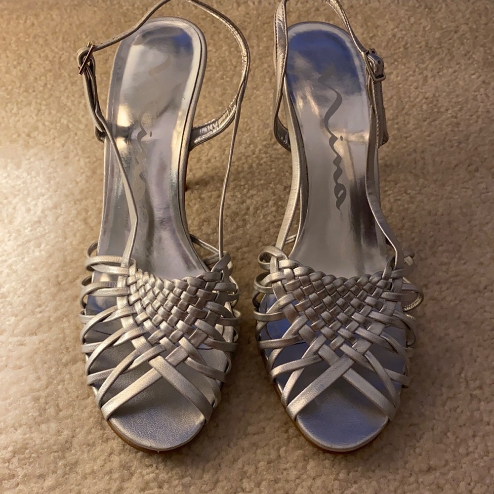Metallic Silver Nina Heeled Sandals, Size 8.5